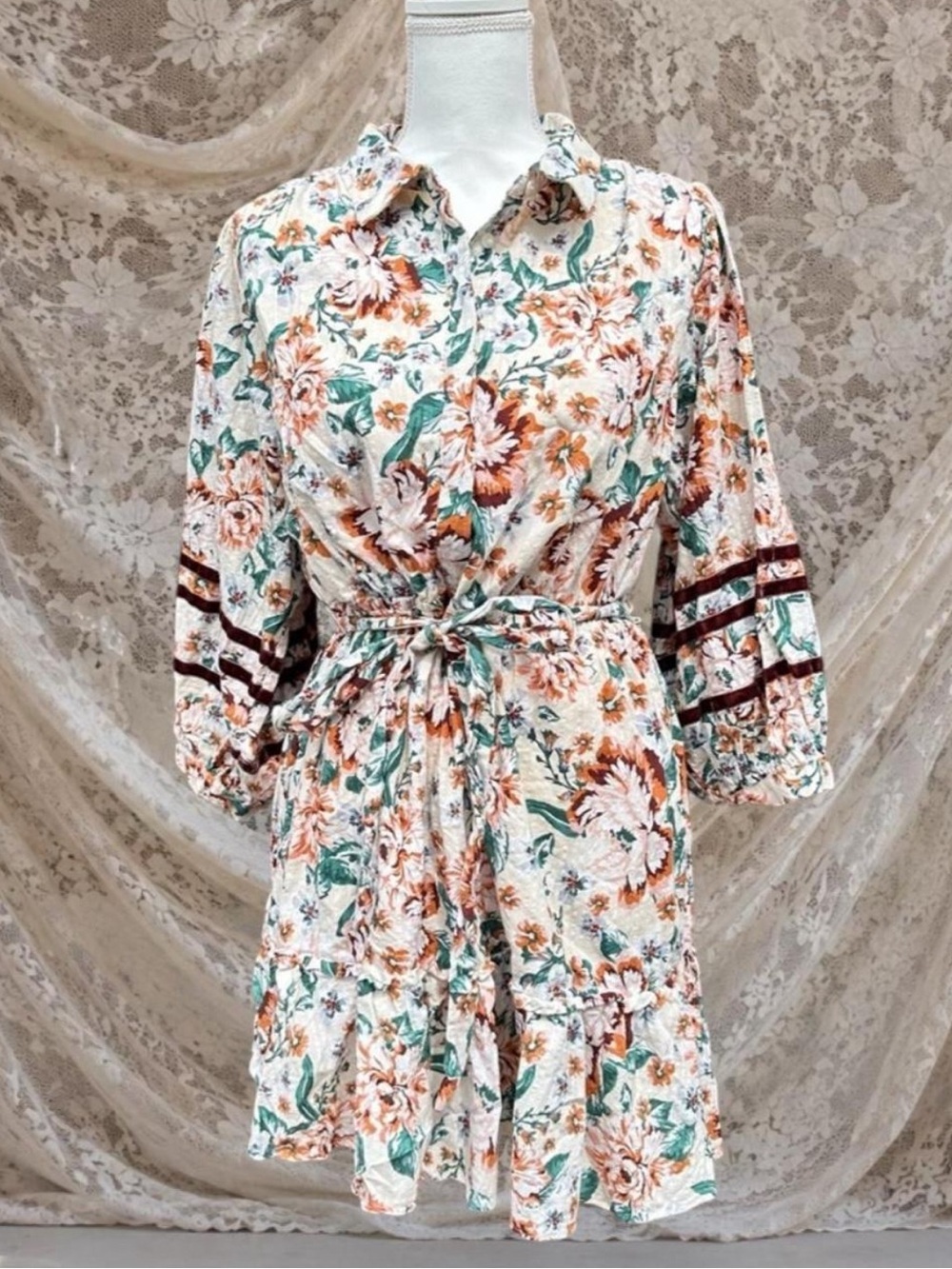 LC Lauren Conrad Floral Button-Front Belted Dress in Ivory, Rust & Teal